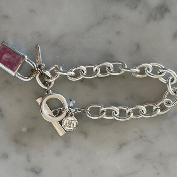 HOUSE OF HARLOW 1960 Crystal Jeweled Padlock & Key Silvertone Link Brace… - Picture 13 of 16